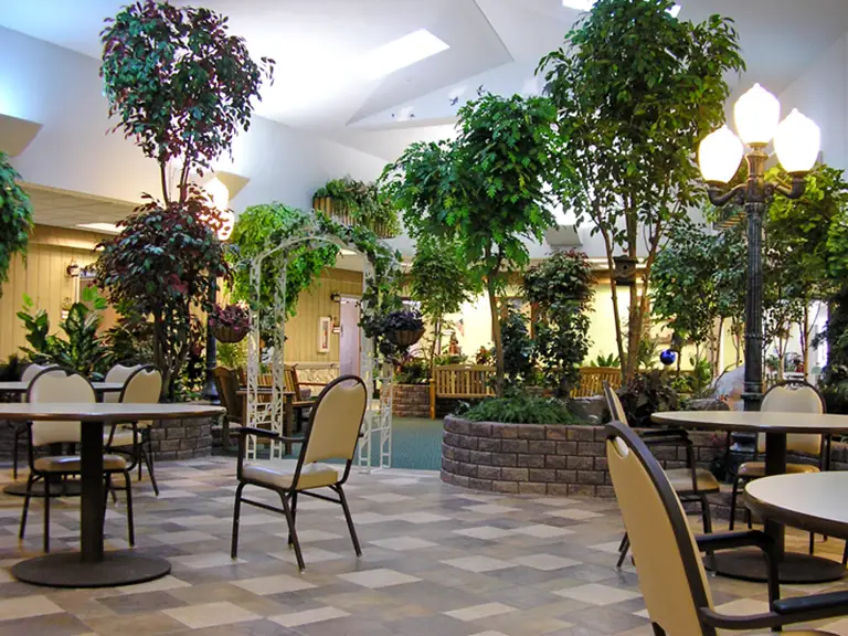Indoor seating area with round tables and chairs, surrounded by large potted trees and plants, under skylights and artificial lamps. Indoor seating area with round tables and chairs, surrounded by large potted trees and plants, under skylights and artificial lamps.