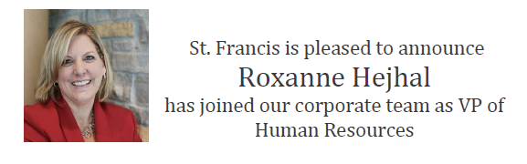 A woman in a red blazer smiles next to text announcing Roxanne Hejhal as the new VP of Human Resources at SFHS.