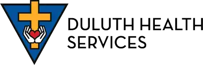 Logo with a yellow cross above two hands holding a red heart inside a blue triangle, next to the text "Duluth Health Services.