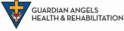 Logo with a yellow cross above two hands holding a red heart inside a blue triangle, next to the text "Guardian Angels Health & Rehabilitation Center.