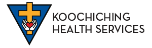 Koochiching Health Services logo features a yellow cross above two hands holding a red heart inside a blue triangle. Text reads "Koochiching Health Services," reflecting their commitment to community care.