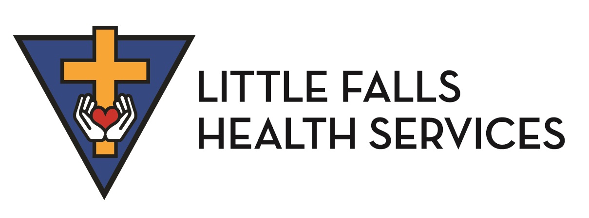 Logo for Little Falls Health Services features a yellow cross above two hands holding a red heart, all set inside a blue triangle, with the Little Falls Health Services name displayed to the right.