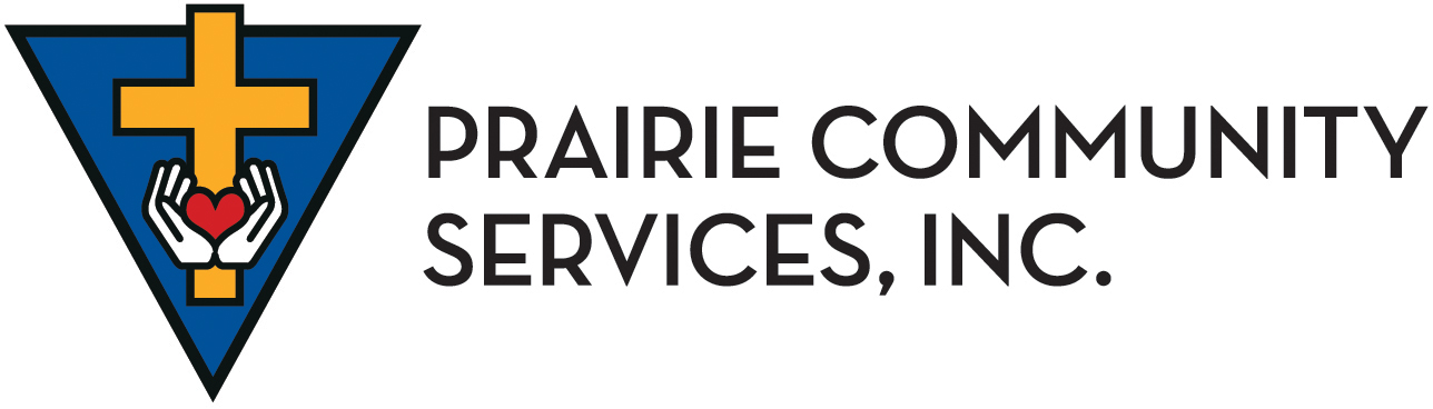 Prairie Community Services, Inc. logo features a yellow cross and hands holding a red heart inside a blue triangle, representing the compassionate mission of Prairie Community Services, placed next to the organization’s name in bold text.