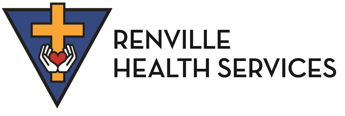 Renville Health Services logo featuring a yellow cross, hands holding a red heart, and the Renville Health Services name on a white background.