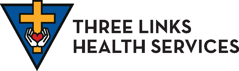 Logo of Three Links Health Services featuring a yellow cross above hands holding a red heart, inside a blue triangle, with the organization’s name to the right.