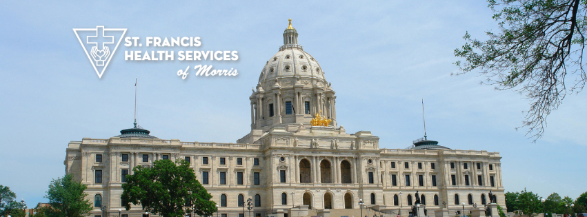 The image shows a large domed government building with the St. Francis Health Services of Morris logo and name in the top left corner against a blue sky, highlighting 2024 State of Reform speaker Cami Peterson-DeVries.