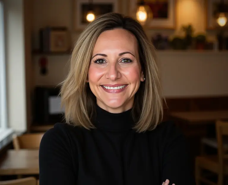 A woman with shoulder-length blonde hair wearing a black turtleneck smiles at the camera in a warmly lit indoor setting at St. Francis Outpatient Therapy in Minnesota.