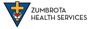 Zumbrota Health Services logo featuring a yellow cross above hands holding a red heart, inside a blue triangle, next to the organization’s name in black text.